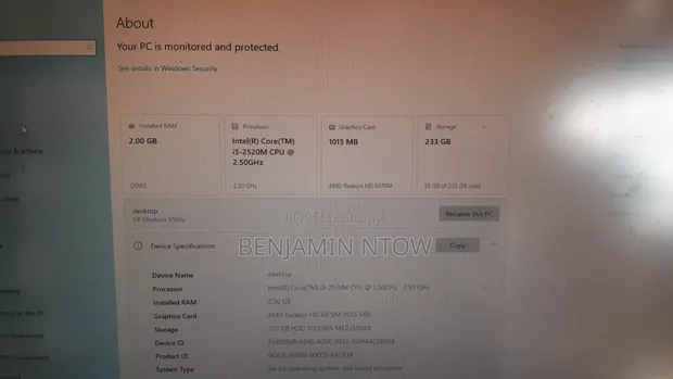HP EliteBook 8460P Laptop - Intel Core i5, 2GB RAM, 256GB HDD - 1