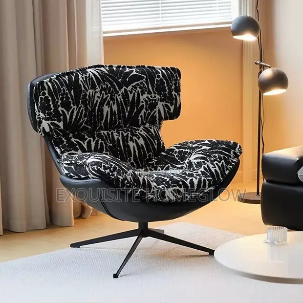 Modern Swivel Accent Chair - Black Leatherette & Monochrome Floral - 1