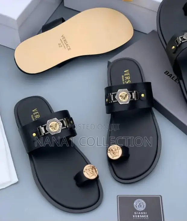 Versace Inspired Black Leather Slippers - 1