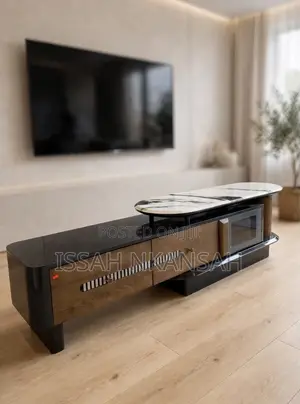 Black & Brown Wood TV Stand with Rotating Marble Top