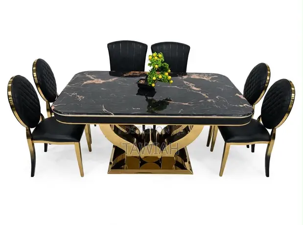 Black Marble Dining Table with 6 Chairs - 1