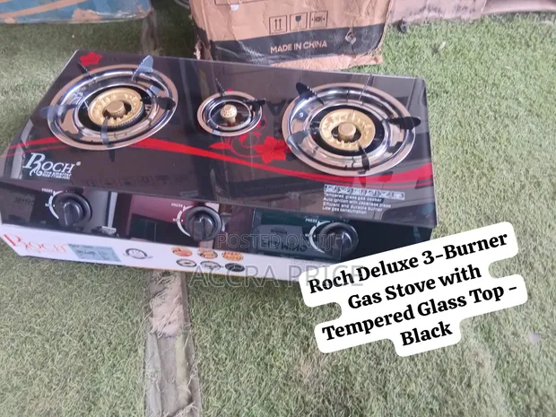 Roch Deluxe 3-Burner Gas Stove with Tempered Glass Top - Black - 1
