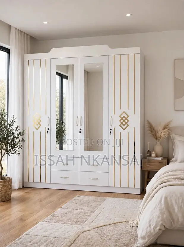 White 4-Door Wardrobe with Gold Diamond Accents - 1