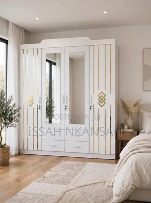 White 4-Door Wardrobe with Gold Diamond Accents