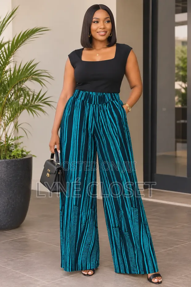 Teal & Black African Print Palazzo Trousers - Women's High Waist - 1