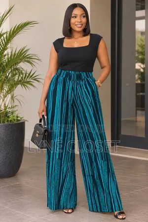 Teal & Black African Print Palazzo Trousers - Women's High Waist