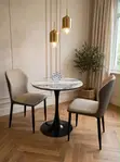 Grey Marble Round Dining Table with 2 Beige Chairs - 2