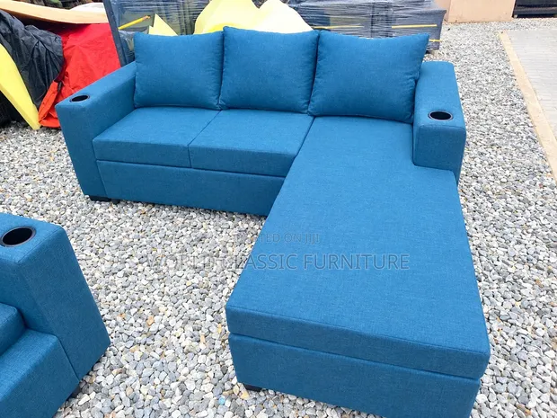 L-Shaped Sectional Sofa with Chaise - Blue & Black - 1