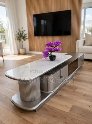 Oval Marble TV Stand with Ribbed Silver Base