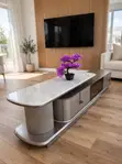 Oval Marble TV Stand with Ribbed Silver Base - 1