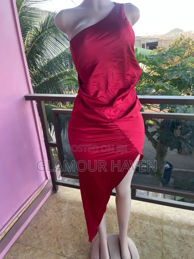Women's Thrift Dress - Red Satin One Shoulder - 1