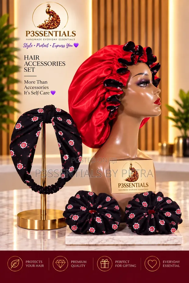 P3SSENTIALS 5-Piece Chiffon Lined Satin Bonnet & Scrunchies Set - 1