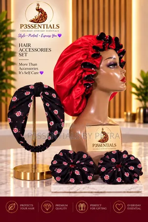 P3SSENTIALS 5-Piece Chiffon Lined Satin Bonnet & Scrunchies Set
