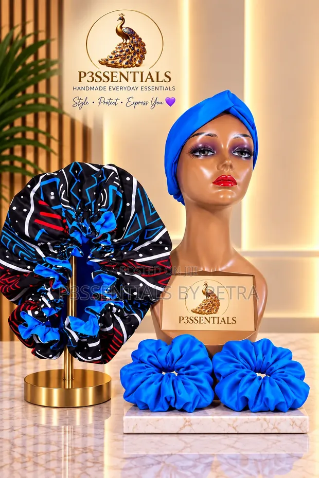 P3SSENTIALS Blue Black Bonnet, Headband & Scrunchies Set - 1