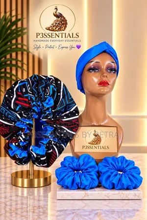 P3SSENTIALS Blue Black Bonnet, Headband & Scrunchies Set