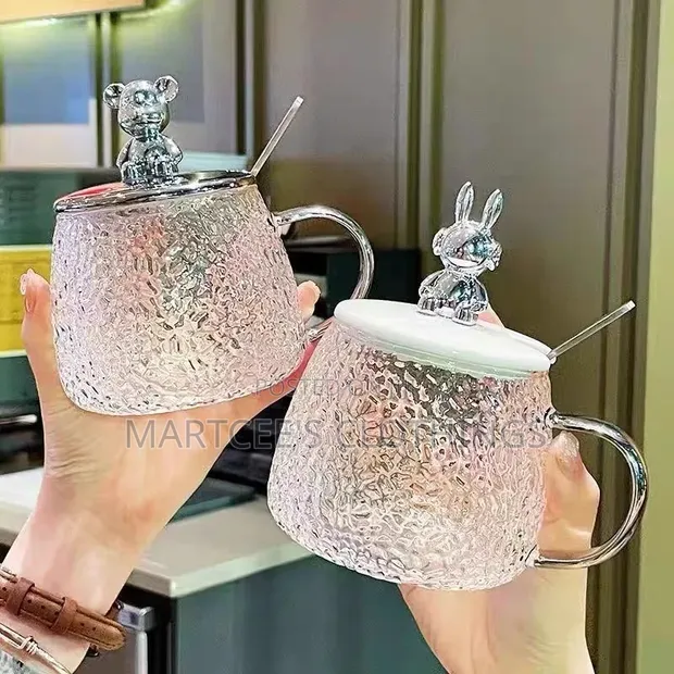 Cute Glass Cup with Lid and Spoon - 1