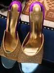 High-Heeled Mule Sandals - Gold Crystal Embellished - 1