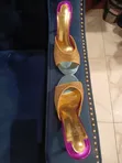 High-Heeled Mule Sandals - Gold Crystal Embellished - 3