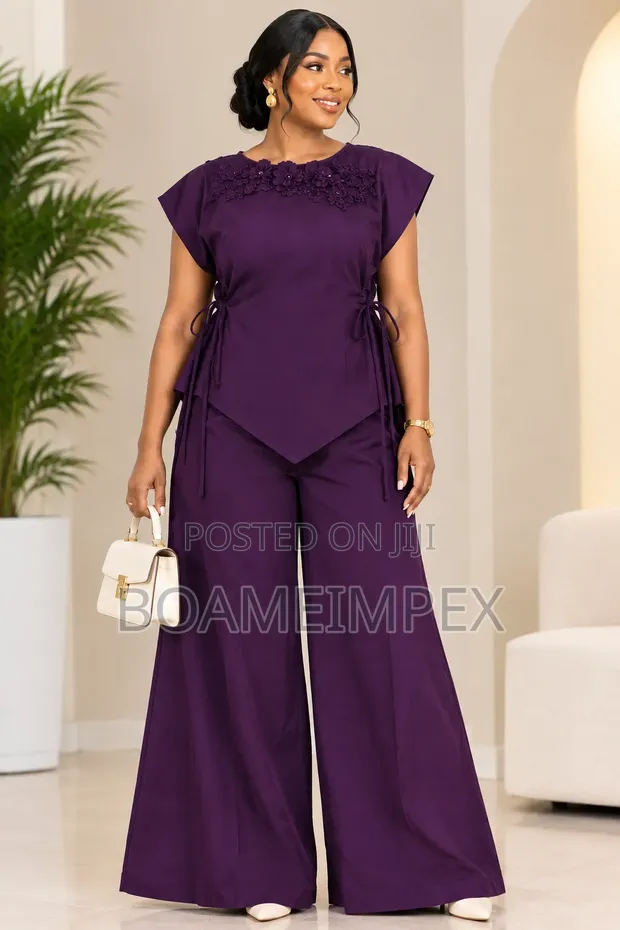 Purple 2 Piece Set: Top & Wide-Leg Trousers (Size L) - 1