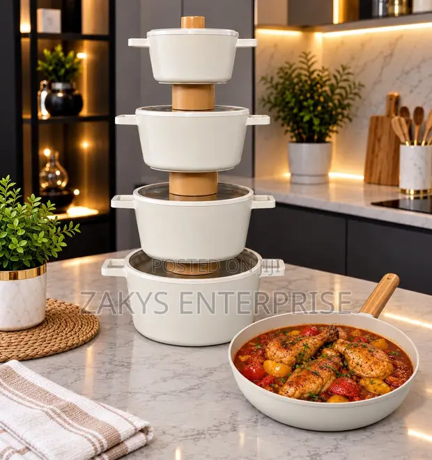 FIKA Ceramic Cookware Set - Cream White, 5-Piece Stackable Tower - 1