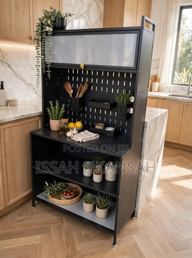 Large Black Kitchen Cabinet with Frosted Doors - 1
