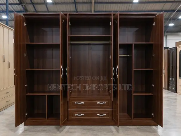 Modern Walnut 6-Door Wardrobe with Mirrors & Drawers - 1