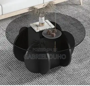 Modern Round Black Coffee Table with Glass Top