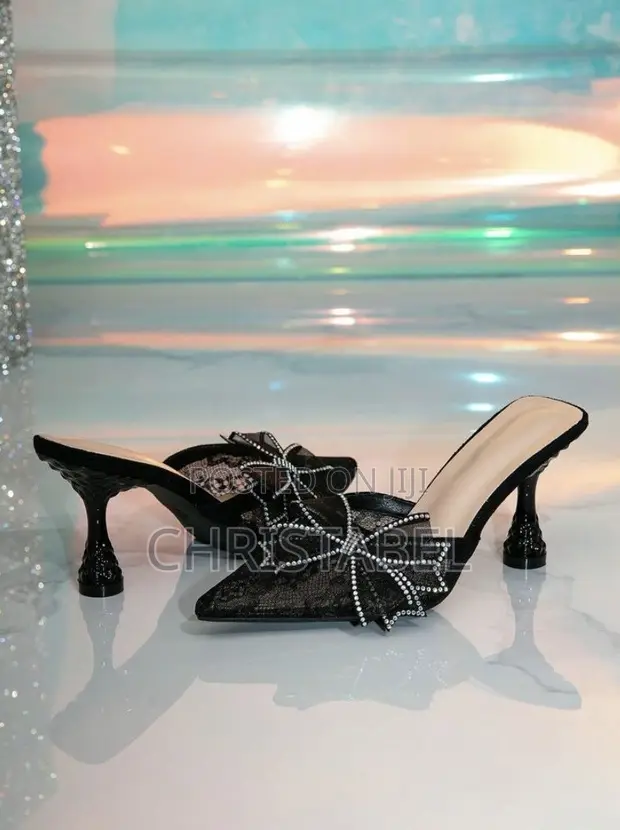 Ladies Black Lace Bow Knot Half Shoe Heels - 1