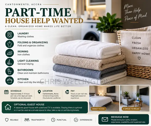 Part-Time House Help Wanted - Cantonments, Accra - 1