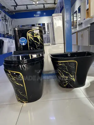 Frencia White, Black & Gold Marble Ceramic Water Closet Basin Set