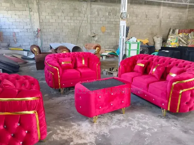 Luxury Royal Tufted Velvet Sofa Set - Red/Burgundy with Gold Trim - 1