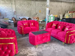 Luxury Royal Tufted Velvet Sofa Set - Red/Burgundy with Gold Trim