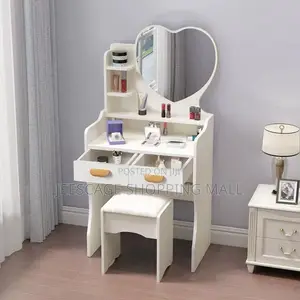 Modern White & Pink Vanity Table with Heart Mirror