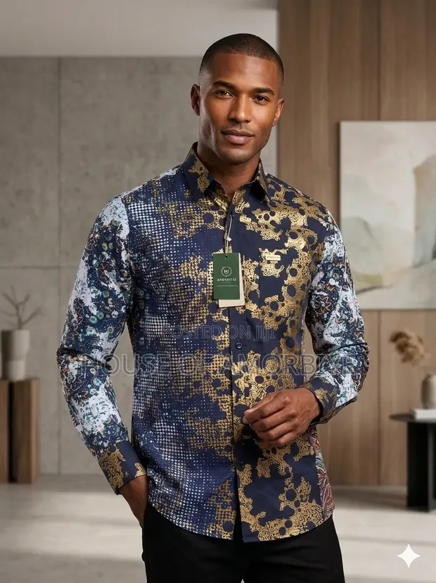 African Print Men's Ready Metallic Woodin Shirt - 1