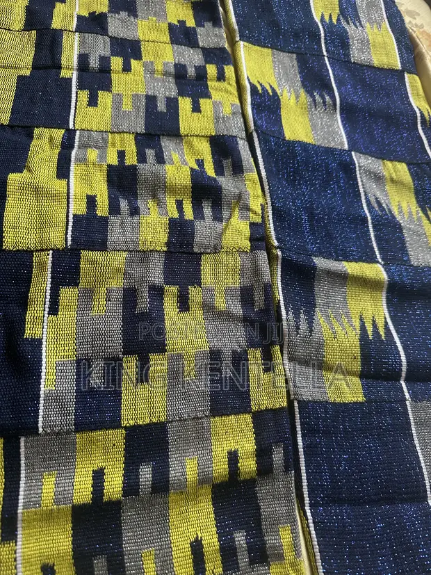 Rayon Kente Fabric - Blue Black, Yellow, Grey - 1