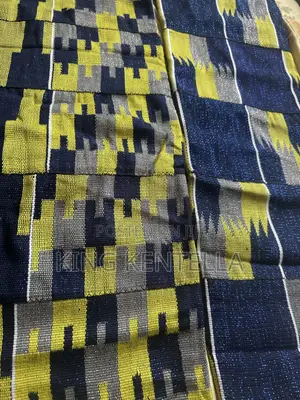 Rayon Kente Fabric - Blue Black, Yellow, Grey