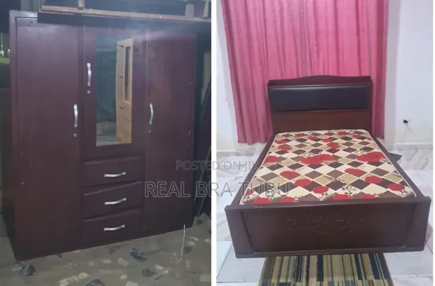 Used Bed and Bed Frame with Wardrobe - 1