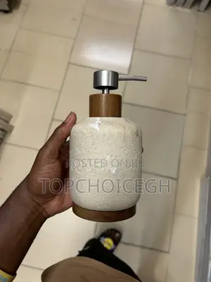 Natural Stone Soap Dispenser & Dish Set with Wood Base