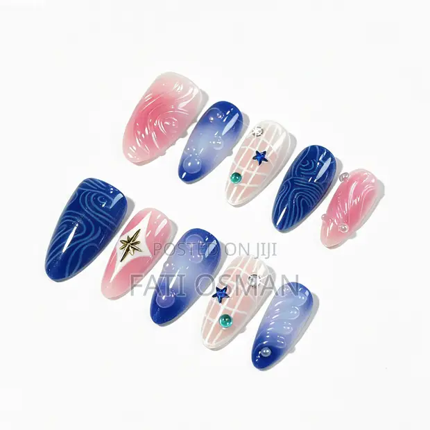 10Pcs Almond Glossy Summer Ocean Bubble Press on Nails - 1