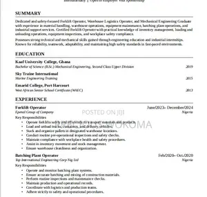 Factory Hand / Batching Plant Operator CV