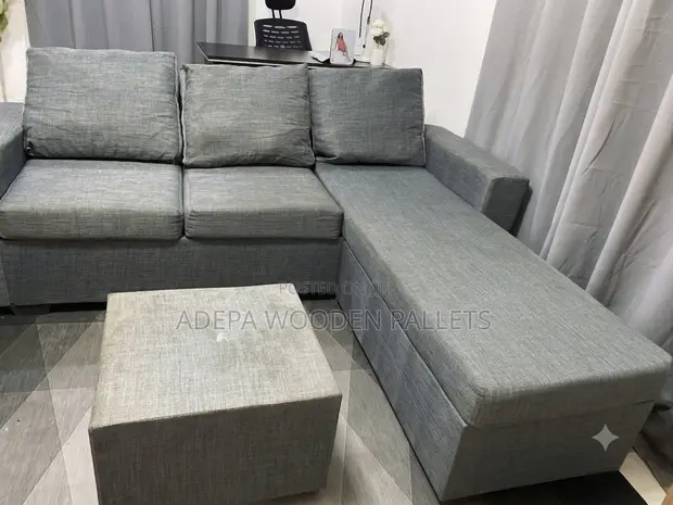 L-Shape Sectional Sofa with Ottoman - Grey Fabric - 1