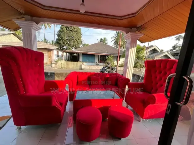 Luxury Red Velvet Tufted Sofa Set - 1