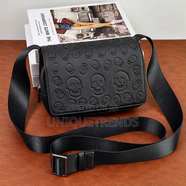 Stylish Black Leather Cross-Body Bag with Skull Pattern - 1