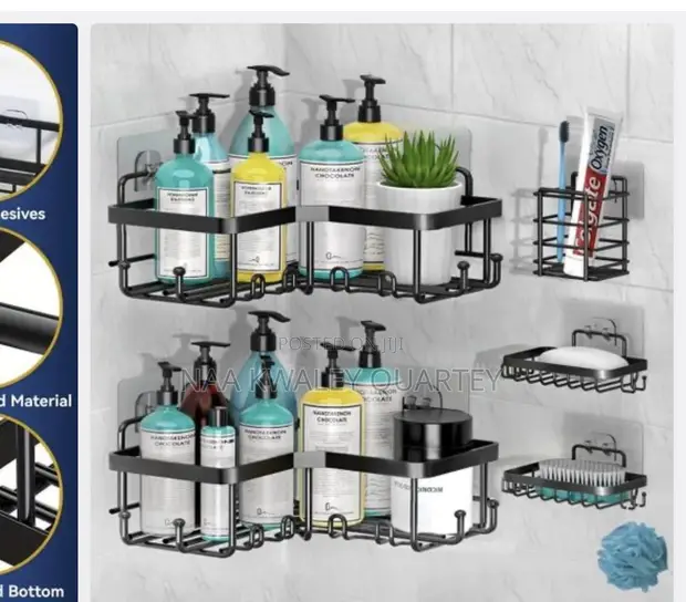 5pcs Stainless Steel Corner Shower Caddy Set - Black - 1