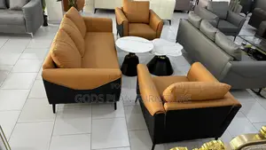 Modern 5-Seater Orange & Black Leather Sofa Set with Coffee Tables