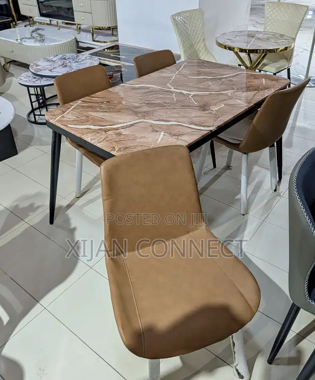 Modern Marble-Design Dining Table Set with 4 Chairs - 1