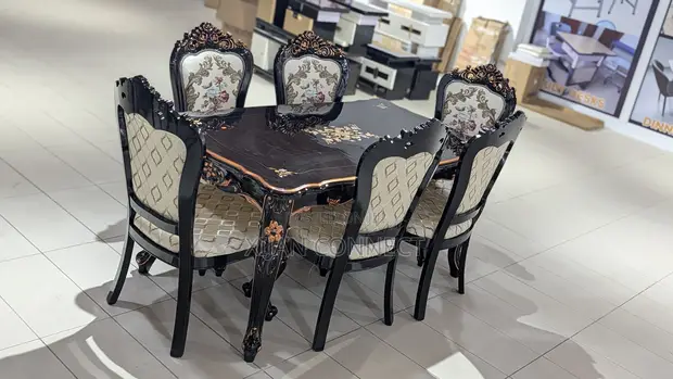 Classic 6-Seater Dining Table Set - Carved Wood - 1