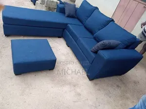 L-Shape Sofa - Blue Woven Fabric