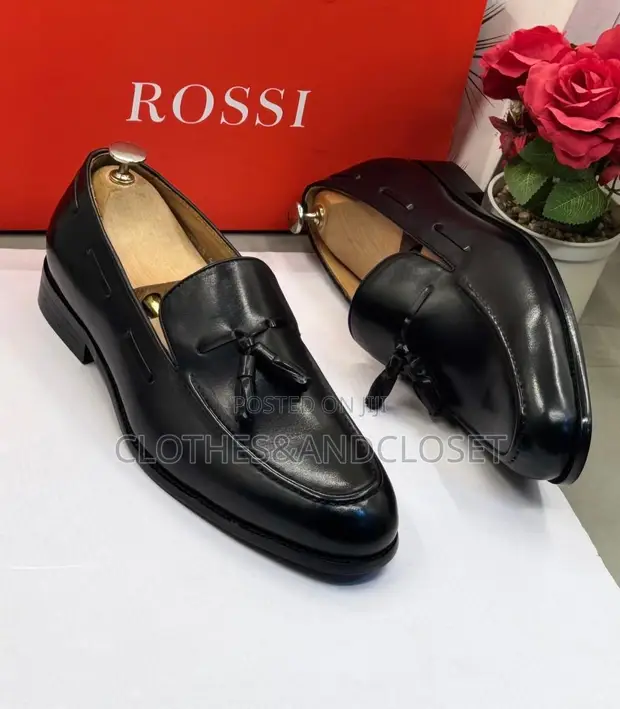 Rossi Men's Classic Black Leather Loafers with Tassel - Size 40-46 - 1