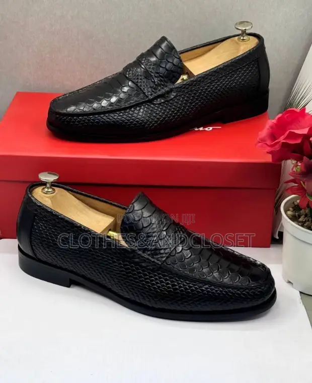 Salvatore Ferragamo Black Leather Loafers - Snake Pattern - 1